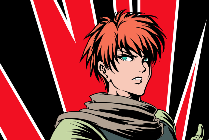 Manga artwork depicting a person against a red and black background.